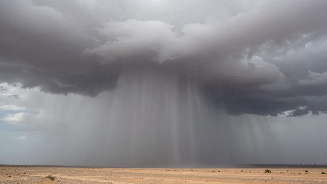 A single heavy rain shaft falls from a dark storm cloud over an arid sandy desert plain