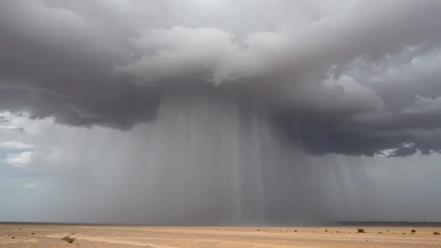 A single heavy rain shaft falls from a dark storm cloud over an arid sandy desert plain