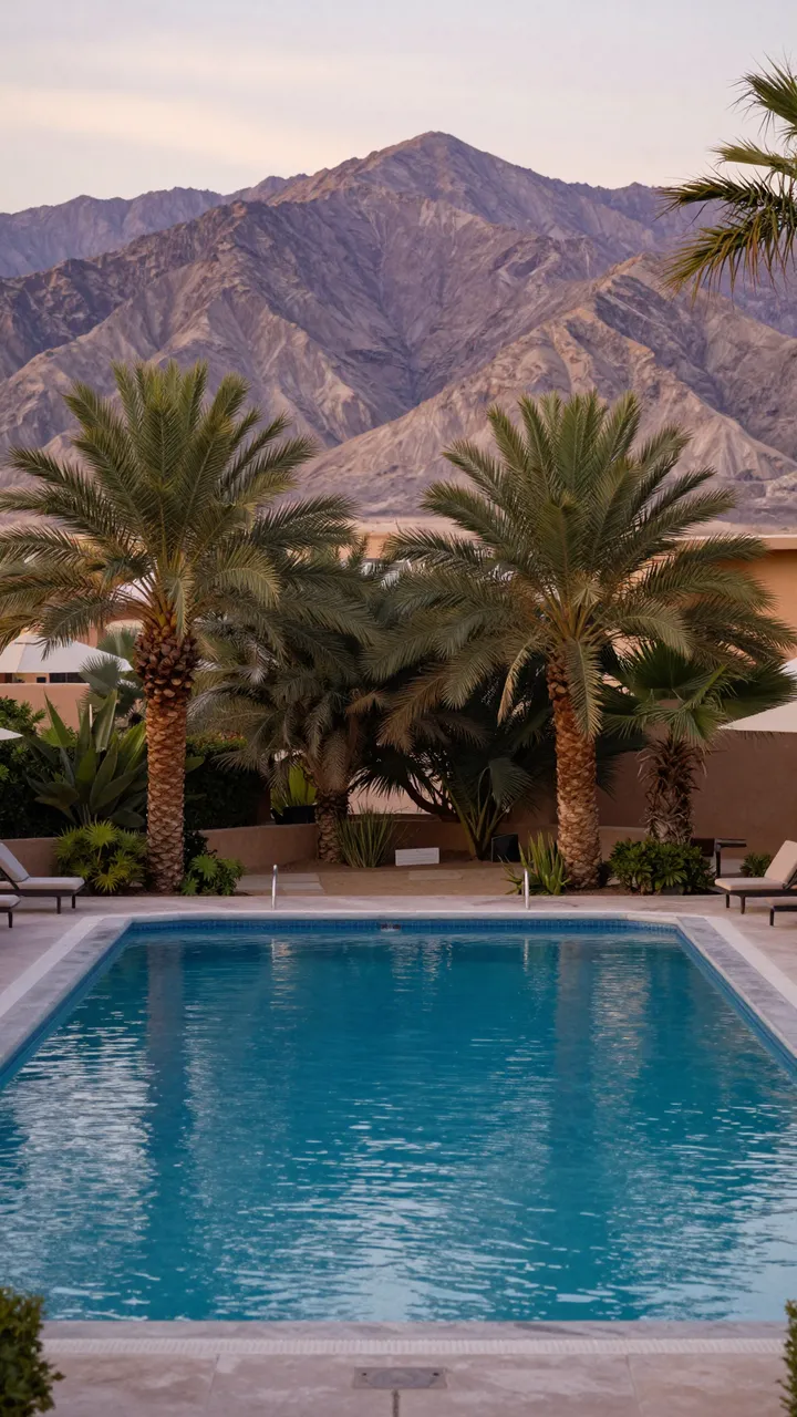 A quiet resort swimming pool framed by palm trees with rocky purple-tinged desert mountains at sunset