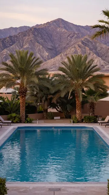 A quiet resort swimming pool framed by palm trees with rocky purple-tinged desert mountains at sunset