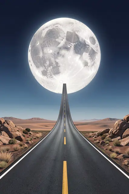 A surreal stretching desert highway leads directly toward an enormous full moon above the horizon