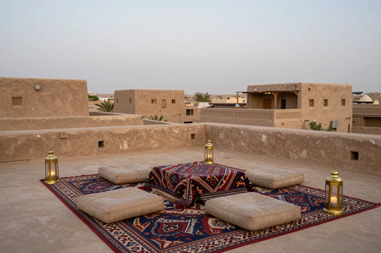 An earthen rooftop terrace set with woven rugs, floor cushions and brass lanterns overlooks an adobe desert town at dusk