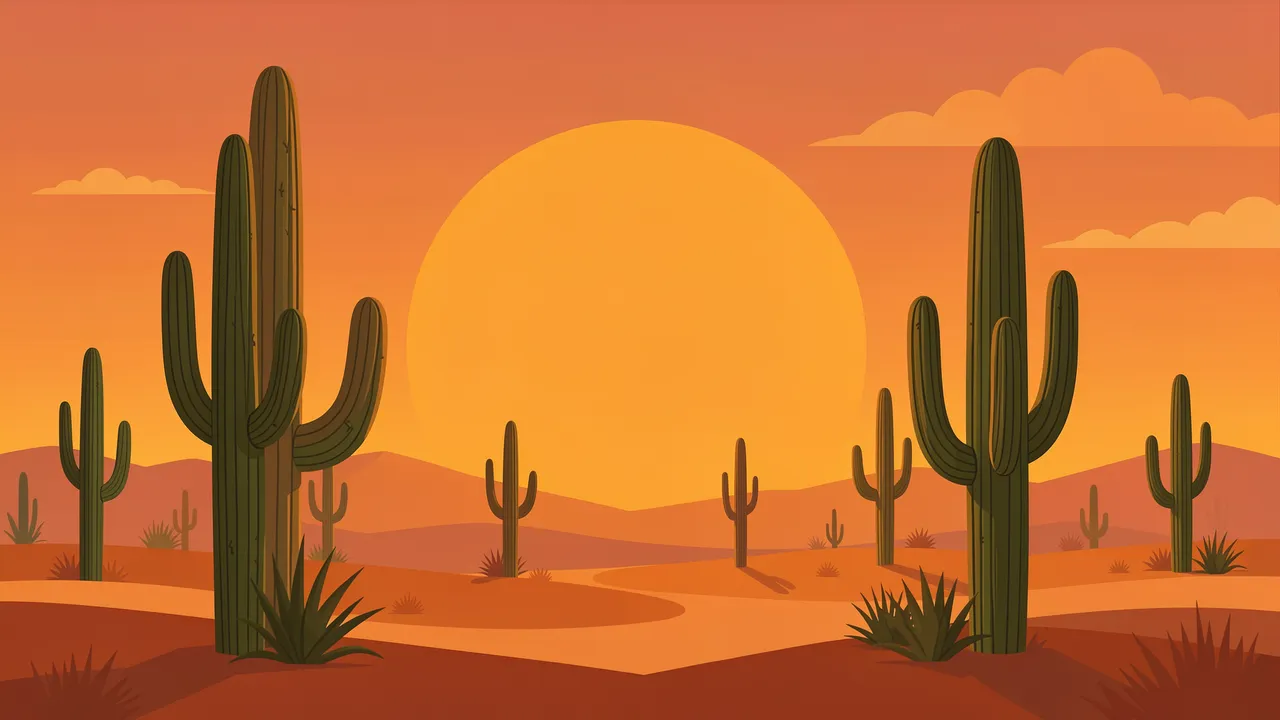 Flat vector desert landscape with saguaro cacti beneath a large orange setting sun and rolling distant hills