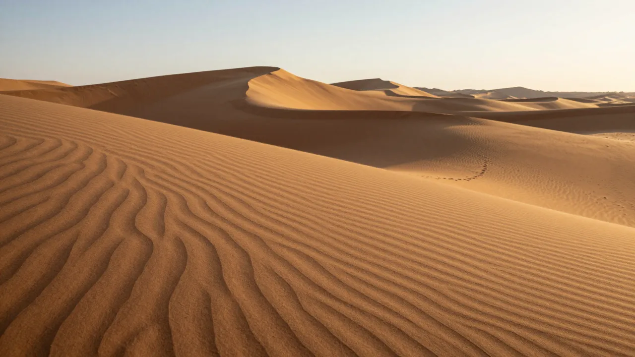 Rippled sand dunes stretch across a desert landscape under warm golden sunset light.