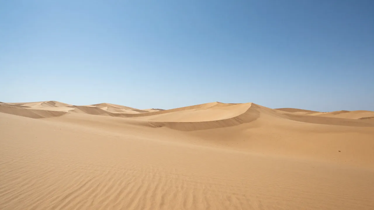 Wide view of rippled golden sand dunes stretching out beneath a clear bright blue sky