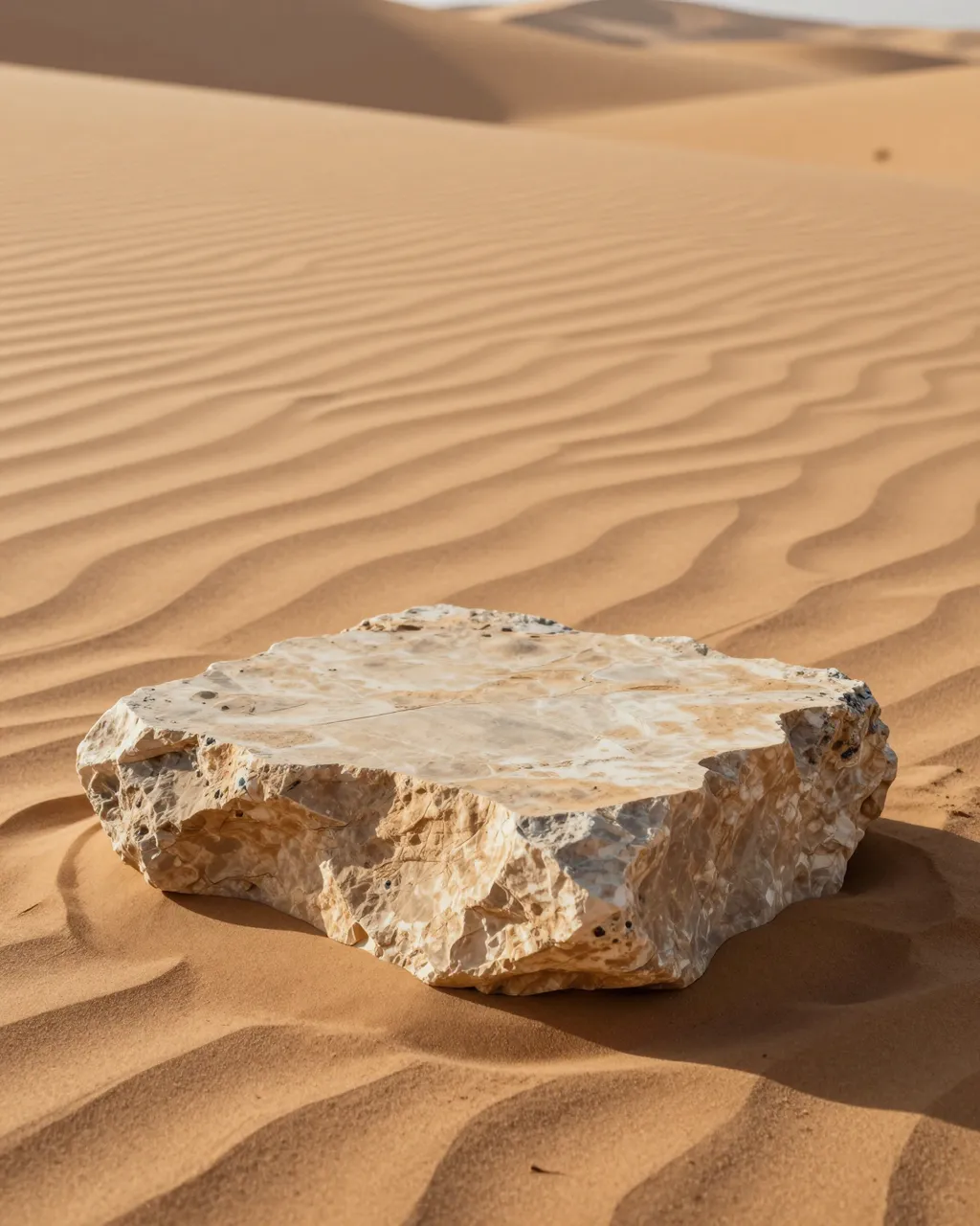 Rough sandstone slab rests on rippled desert sand during warm golden hour light