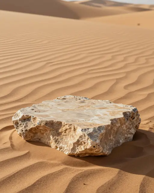 Rough sandstone slab rests on rippled desert sand during warm golden hour light