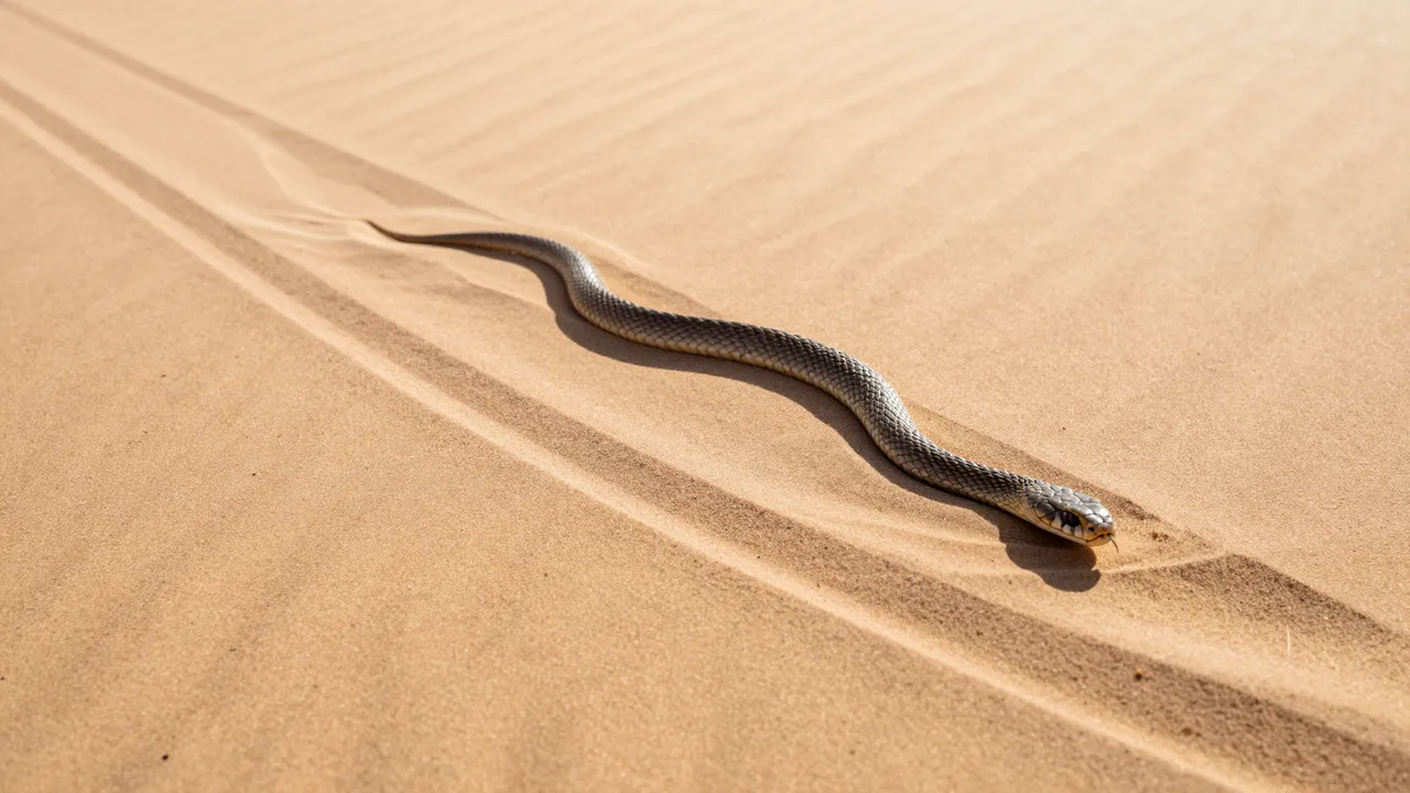 A gray snake slithers across sunlit desert sand, leaving curved tracks with a long low shadow