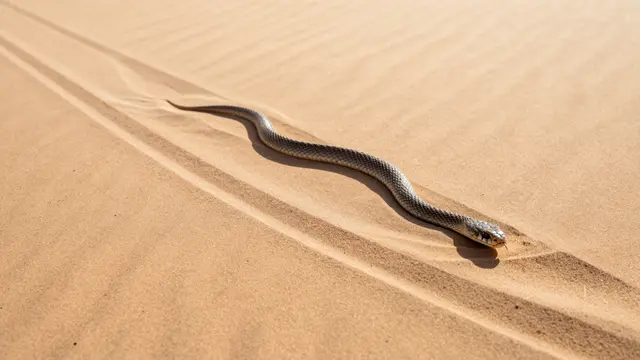 A gray snake slithers across sunlit desert sand, leaving curved tracks with a long low shadow