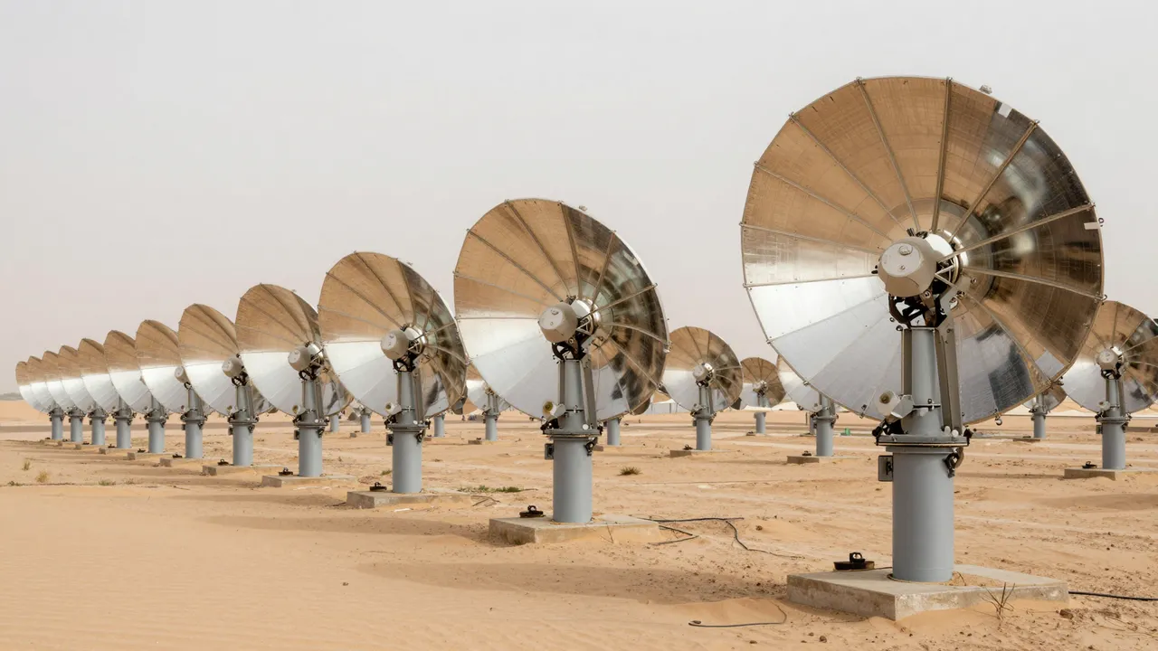 Rows of curved mirrored solar concentrator stands line a sandy desert under a pale overcast sky