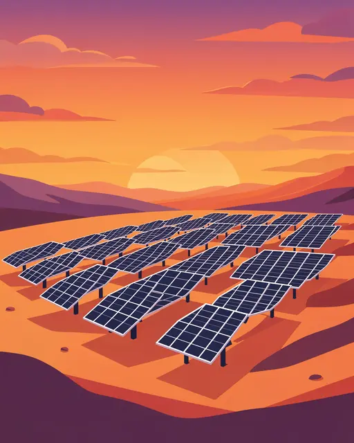 Rows of solar panels fill a desert valley beneath a warm orange and purple sunset sky