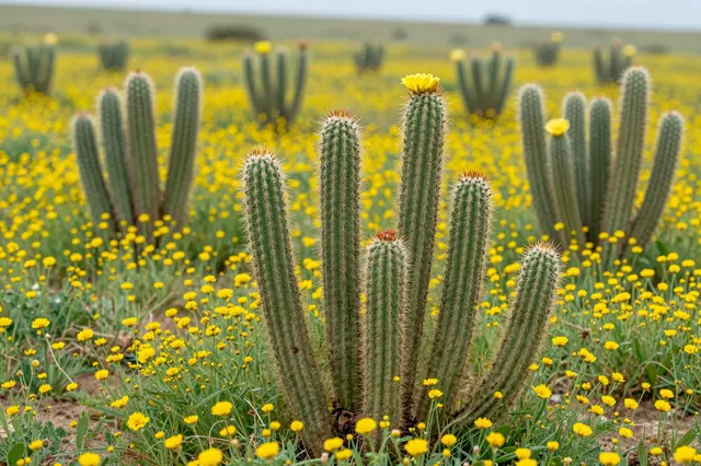 Flowering cacti stand amid dense yellow wildflowers across a post-rain desert plain