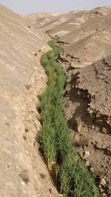 A narrow green reed-lined spring winds down an eroded arid desert valley in afternoon light