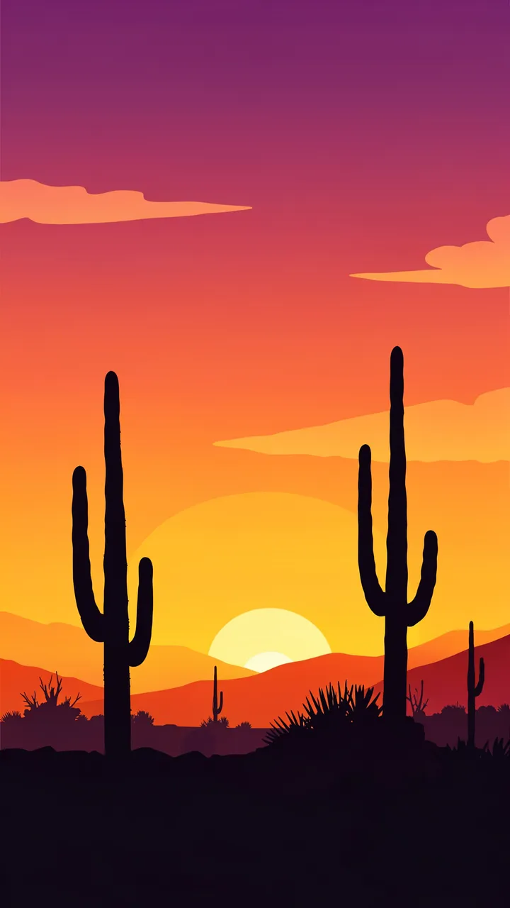Vertical gradient desert sunset illustration with dark saguaro cactus silhouettes against warm purple, orange and yellow