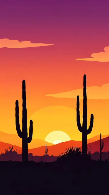 Vertical gradient desert sunset illustration with dark saguaro cactus silhouettes against warm purple, orange and yellow
