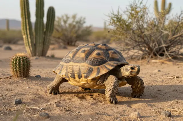 A patterned desert tortoise walks across sandy desert ground between cacti and dry shrubs in warm golden light.