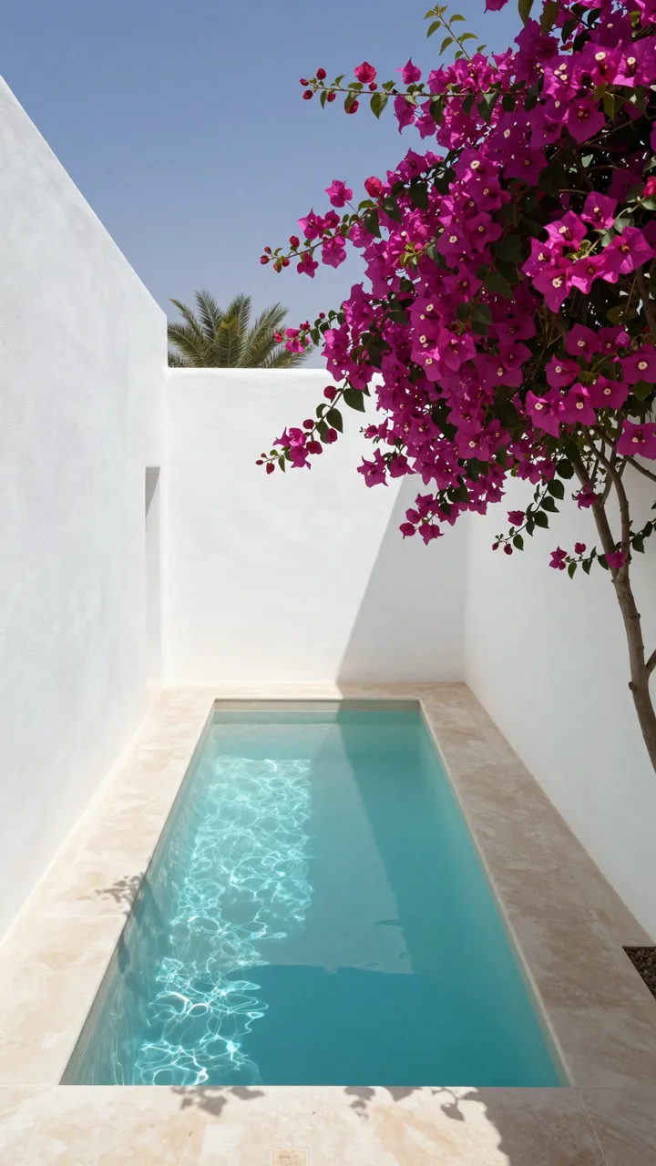 Narrow turquoise lap pool sits between white villa walls framed by magenta bougainvillea under bright noon sun