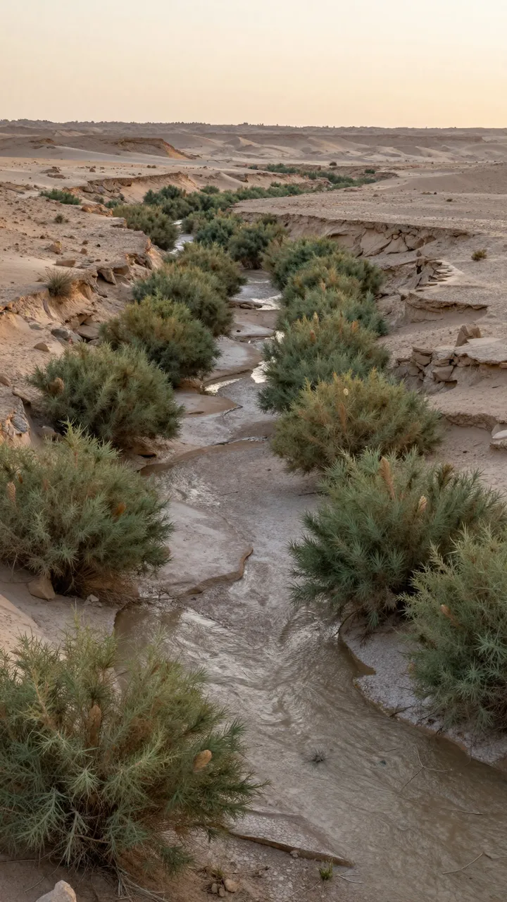 A shallow seasonal dry riverbed lined with green tamarisk bushes winds through desert terrain at warm sunset