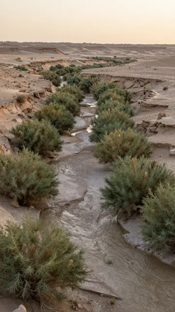 A shallow seasonal dry riverbed lined with green tamarisk bushes winds through desert terrain at warm sunset