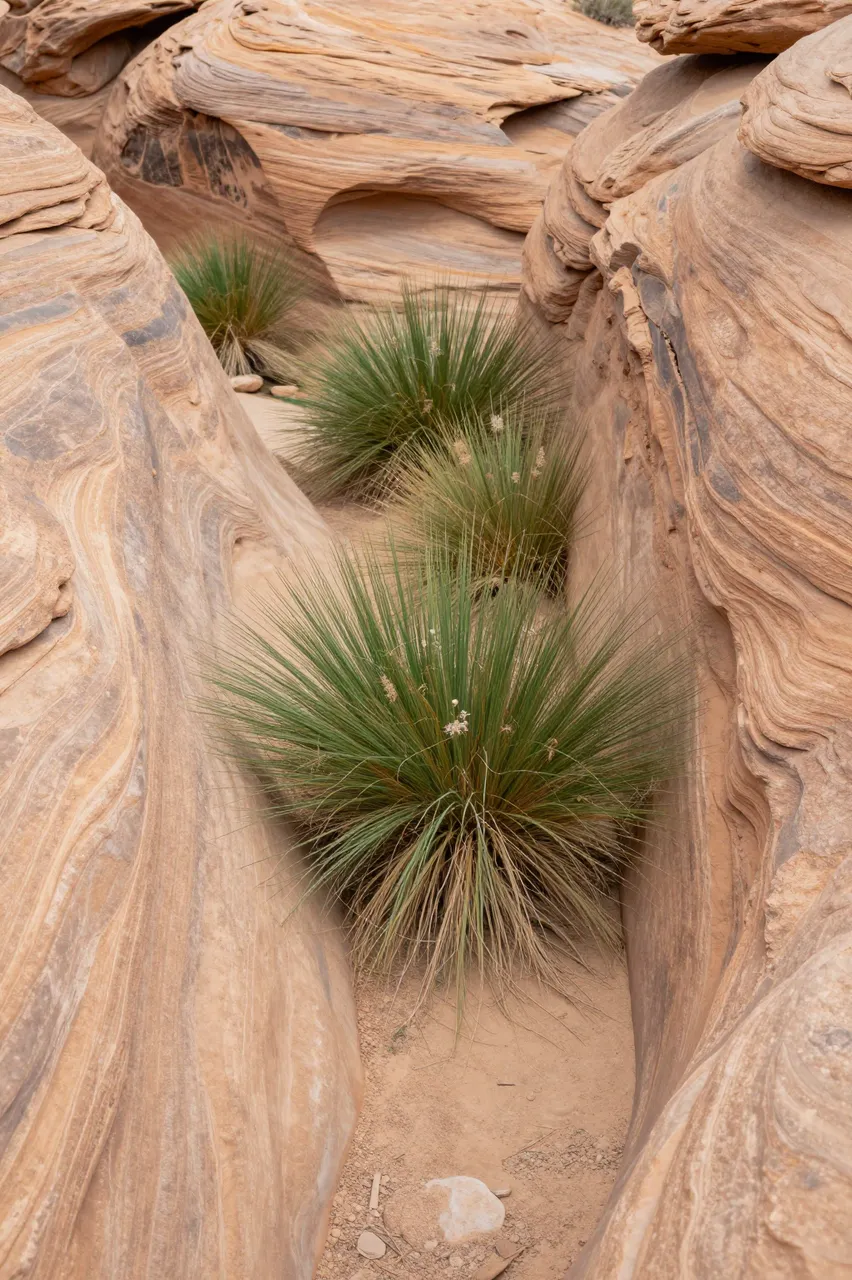 Spiky desert grasses grow along the sandy floor of a narrow swirling sandstone canyon wash