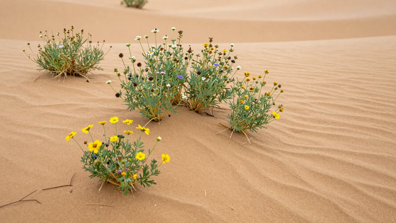 Blooming wildflower clusters grow from rippled tan desert sand after rainfall