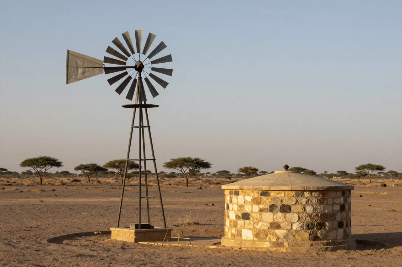 Metal windpump beside a stone water tank on an arid plain with scattered acacia trees at evening