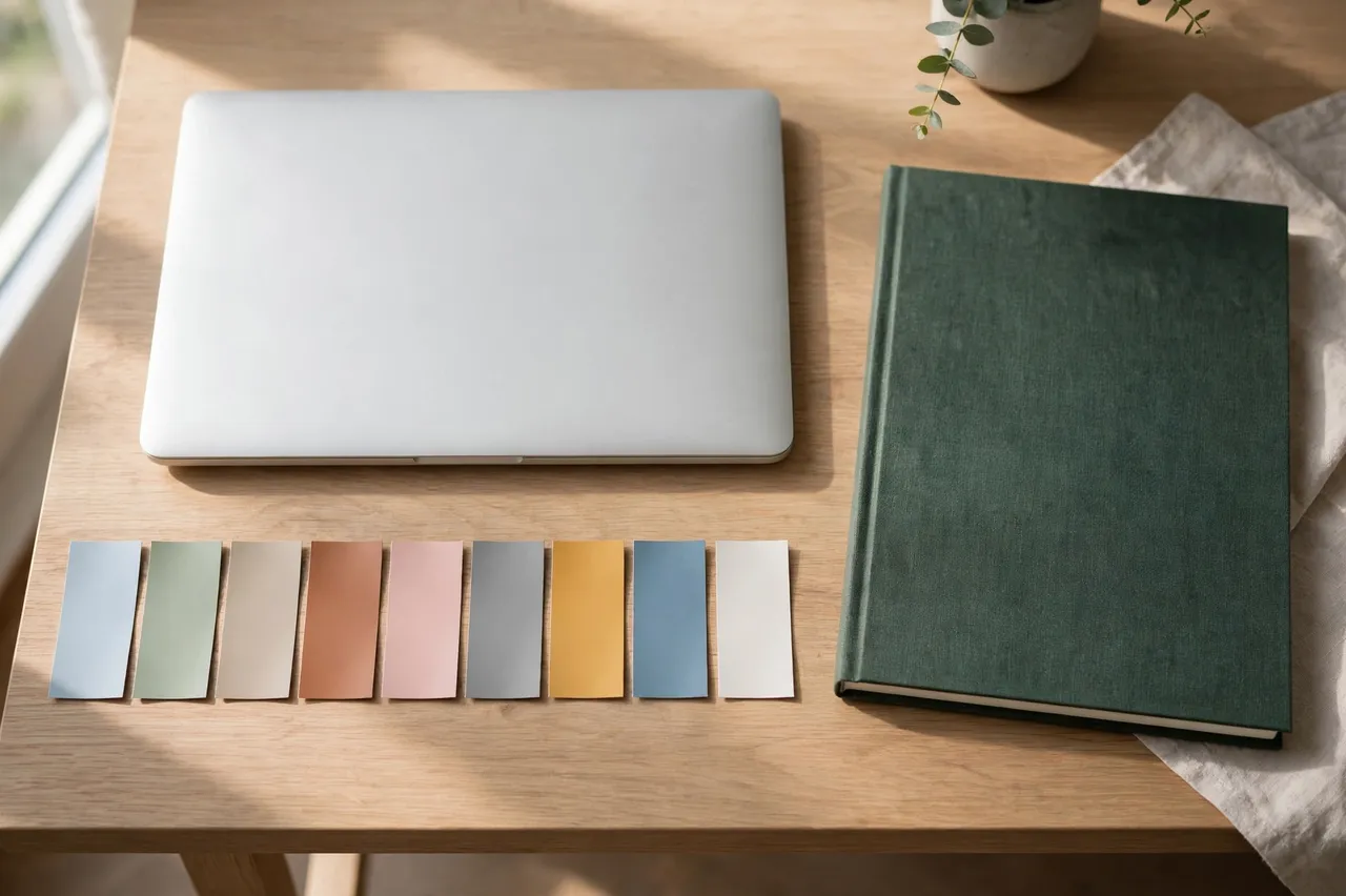 Closed laptop, hardcover sketchbook and row of color swatches sit on a sunlit wooden desk by a window.