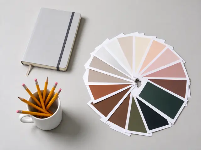Overhead view of a gray desk holding a fan of color swatches, closed sketchbook, and mug of pencils