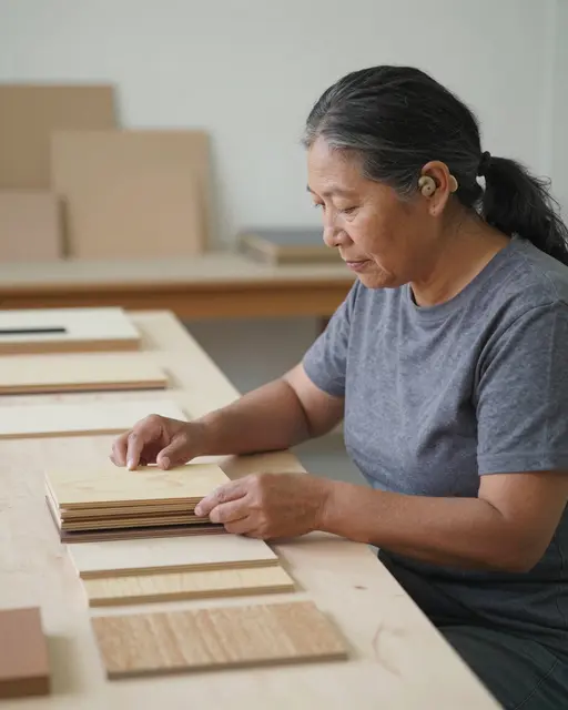 A mature woman with a hearing aid examines plywood samples at a light wooden work table.