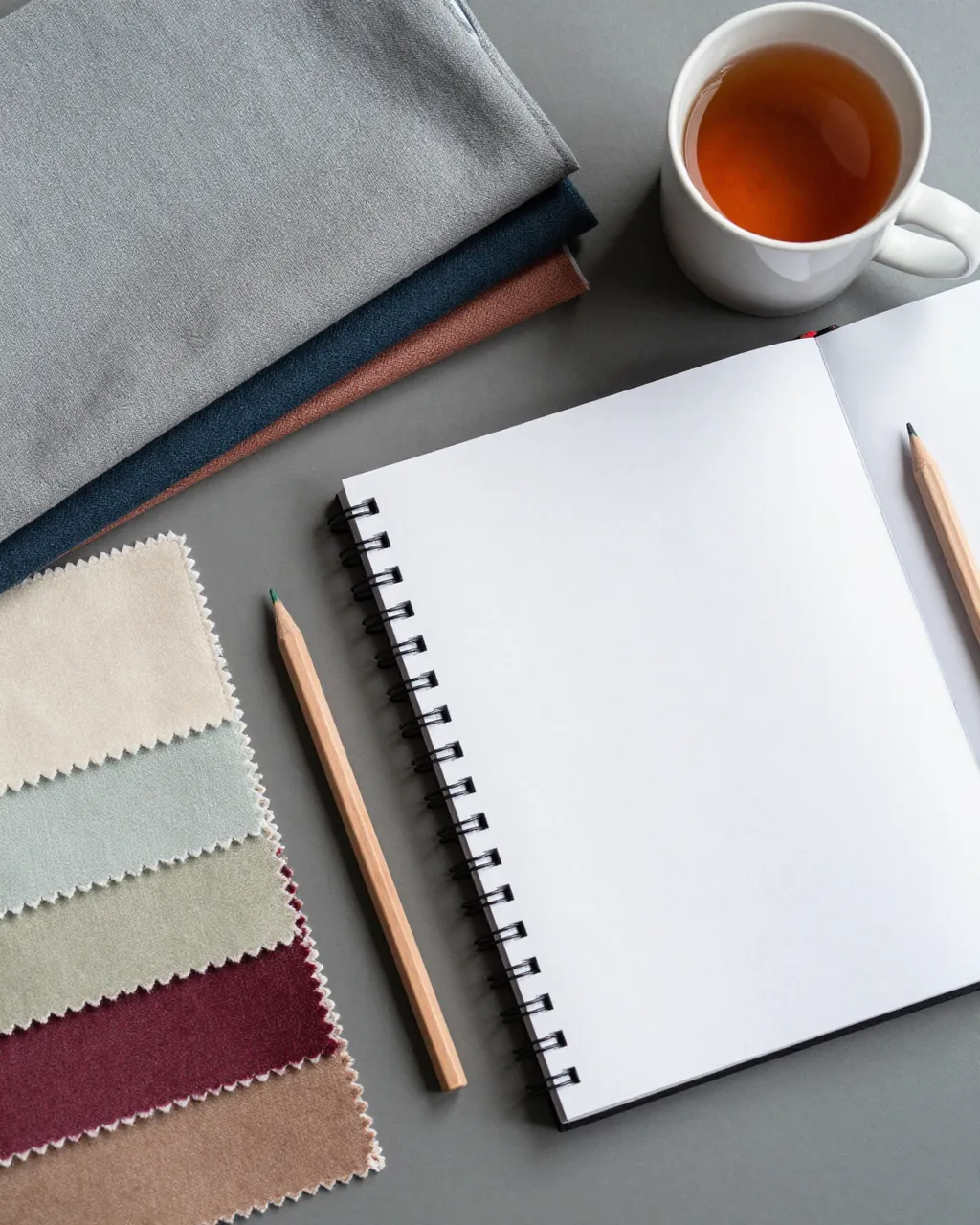 Top view of a worktable holding fabric swatches, blank sketchbook, colored pencils, and a mug of tea.