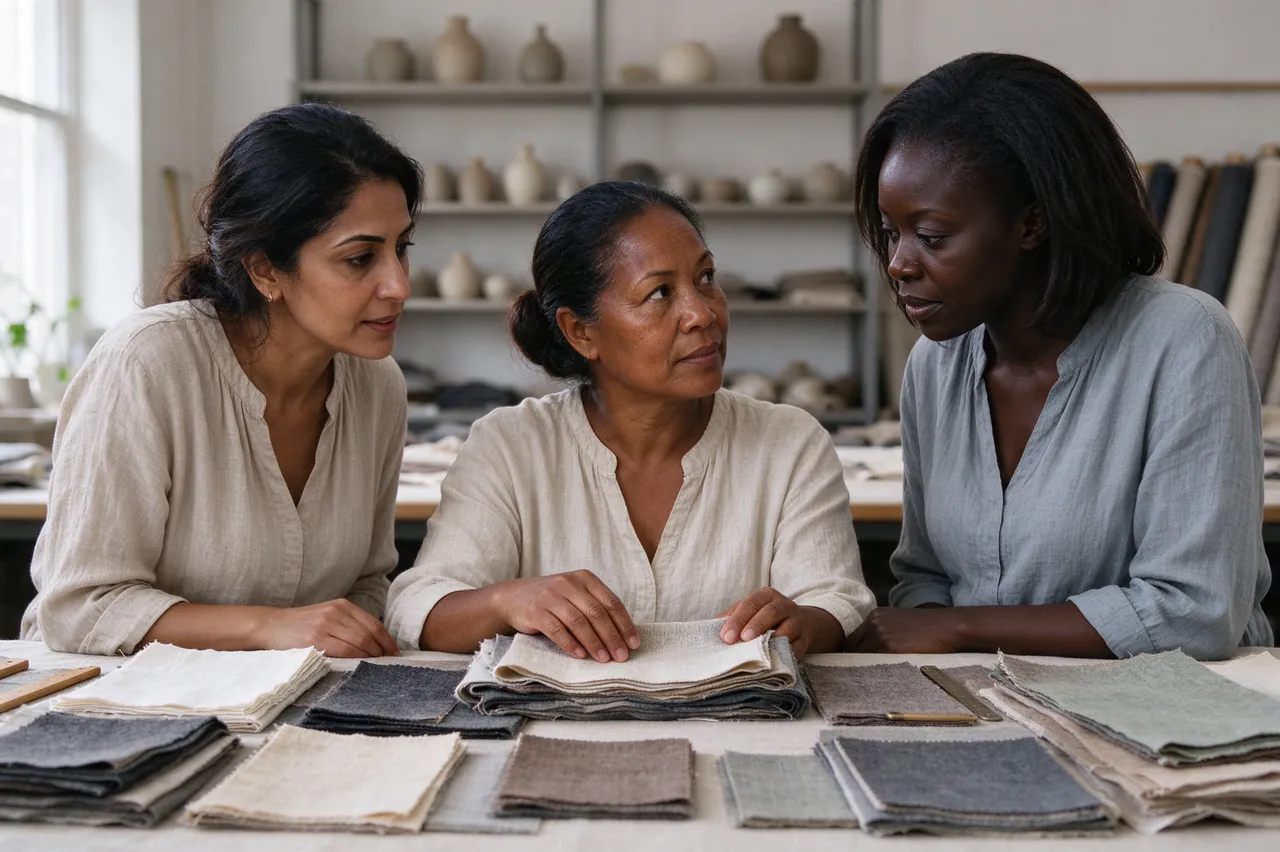 Three middle aged women examine linen fabric swatches together at a studio work table