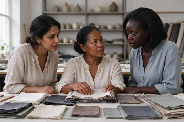 Three middle aged women examine linen fabric swatches together at a studio work table