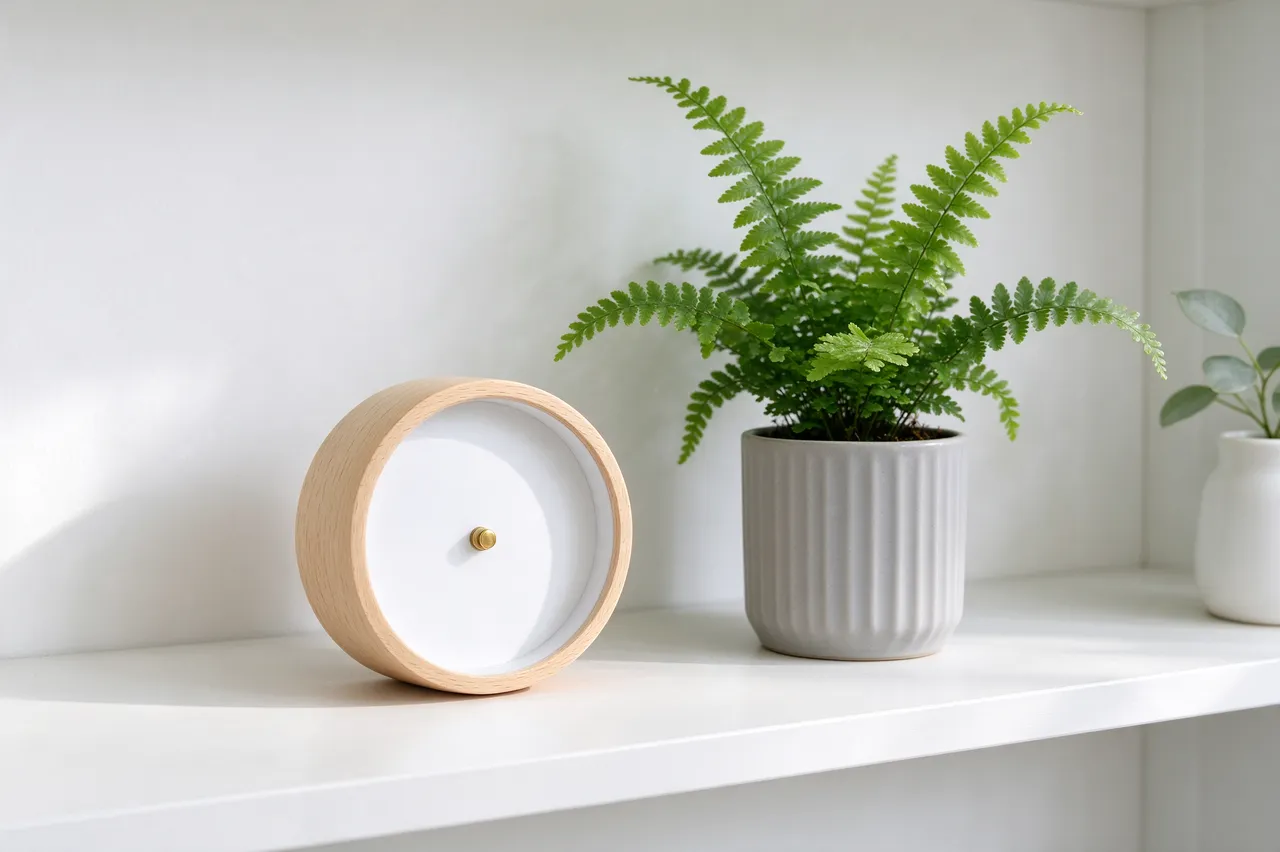 A numeral-free wooden desk clock sits beside a potted fern on a white shelf