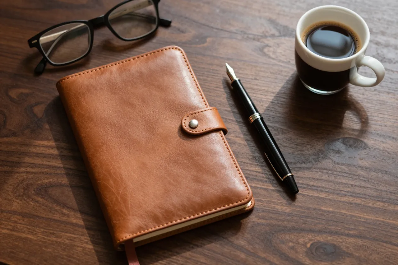 Closed leather notebook, fountain pen, reading glasses and espresso rest on a dark walnut desk in warm light