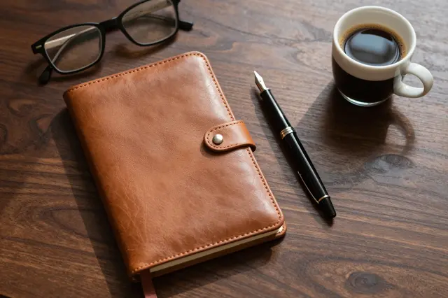 Closed leather notebook, fountain pen, reading glasses and espresso rest on a dark walnut desk in warm light
