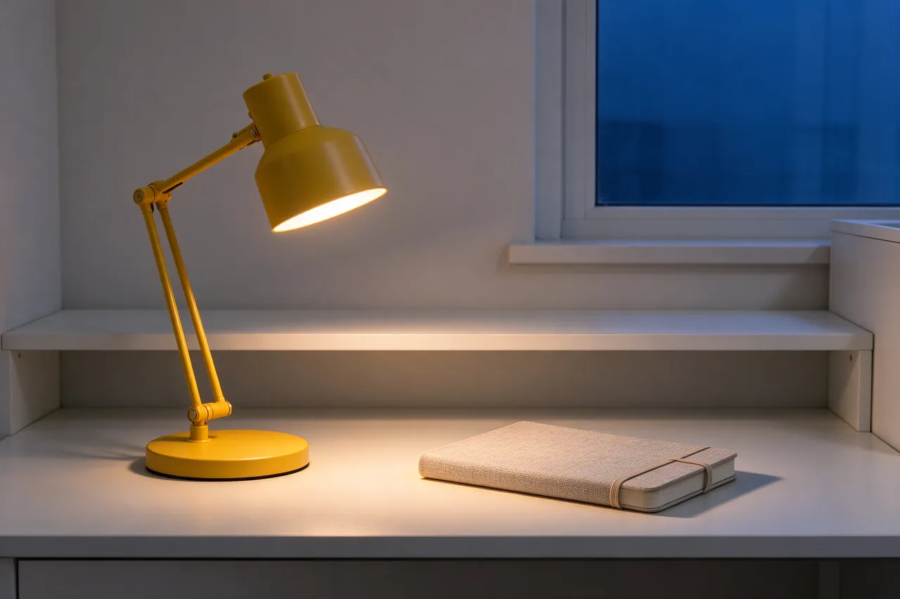 Lit yellow desk lamp sits next to a closed linen notebook on a white desk beside a window with blue dusk light
