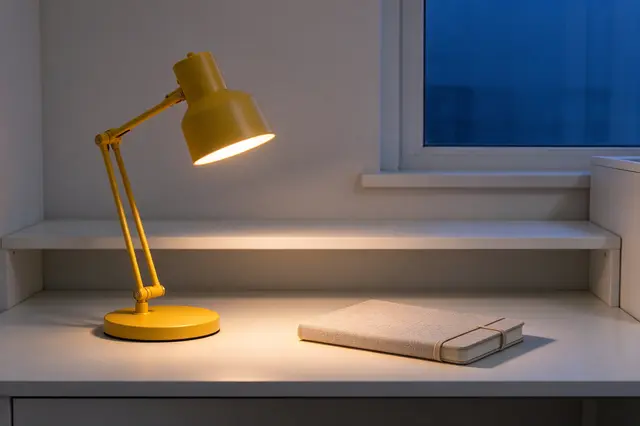 Lit yellow desk lamp sits next to a closed linen notebook on a white desk beside a window with blue dusk light