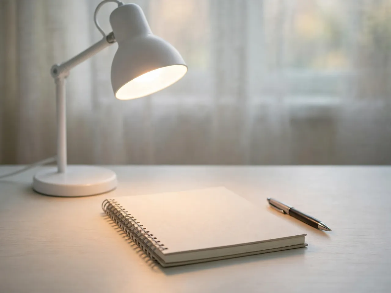 Lit white desk lamp beside a closed spiral notebook and pen on a pale desk near sheer curtains at early morning