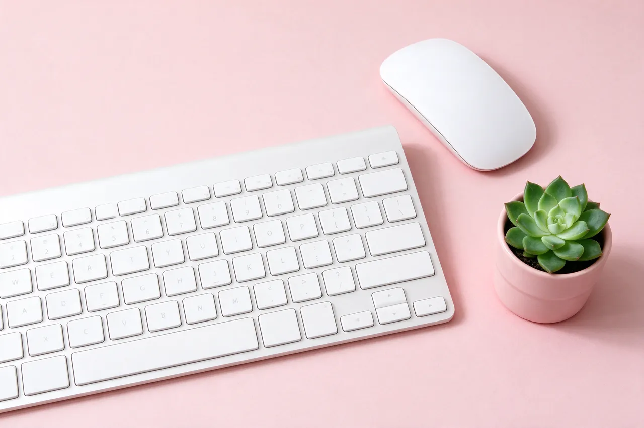 Overhead view of a white keyboard, mouse, and potted succulent arranged on a pale pink desk surface.