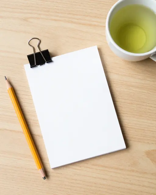 Flat lay of blank paper, binder clip, pencil, and green tea cup on a light wood desk.