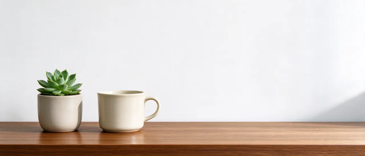 Potted succulent and ceramic mug sit on a wooden desk against an empty white wall