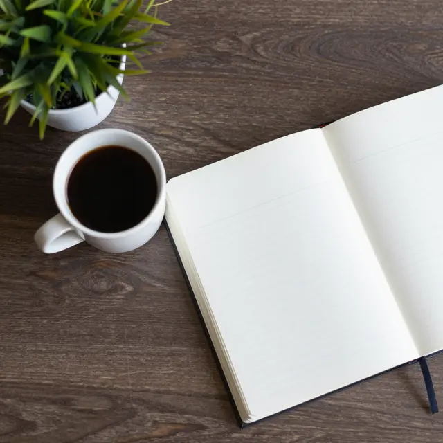 Top down view of a wooden desk holding an open lined notebook, black coffee mug, and small potted plant.