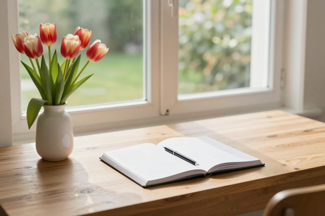 Wooden desk by a garden window holds a vase of tulips and an open notebook lit by soft morning light