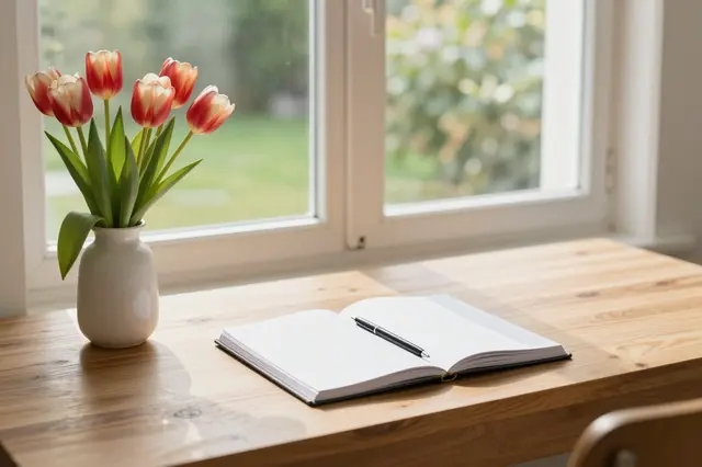 Wooden desk by a garden window holds a vase of tulips and an open notebook lit by soft morning light