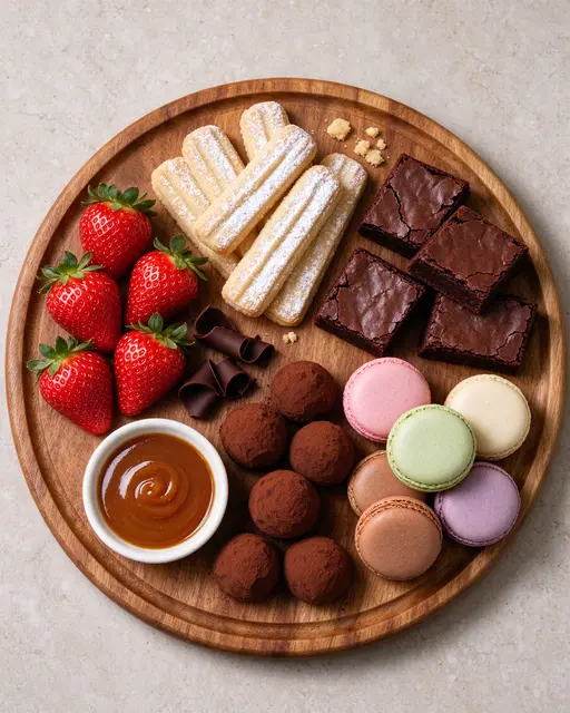 Overhead view of a round wooden board arranged with assorted sweet treats and caramel sauce on a light stone countertop