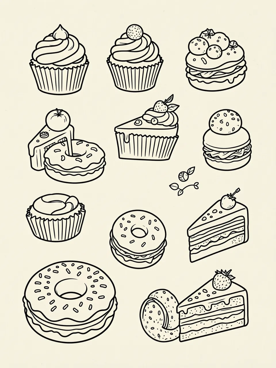 Black outline doodles of assorted sweet pastries and cakes arranged on a cream background
