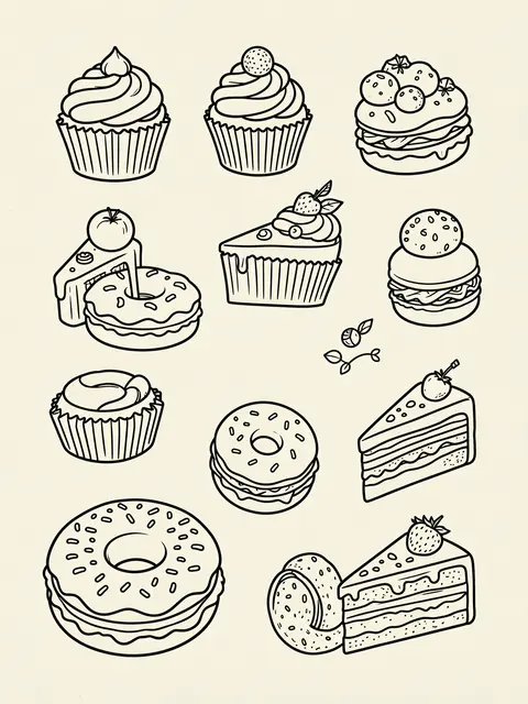 Black outline doodles of assorted sweet pastries and cakes arranged on a cream background