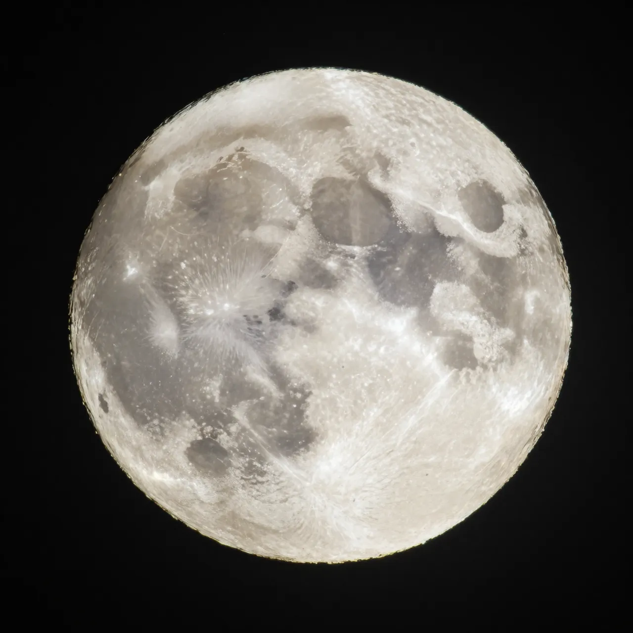 A close-up detailed view of a cratered full moon set against a solid black night sky