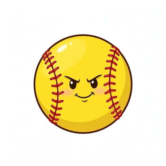 Cute illustrated yellow softball with red stitching and a determined grinning face on a light background