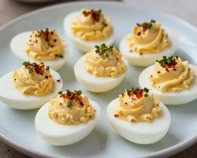 A light pale platter holds eight piped deviled eggs topped with paprika and fresh chives.